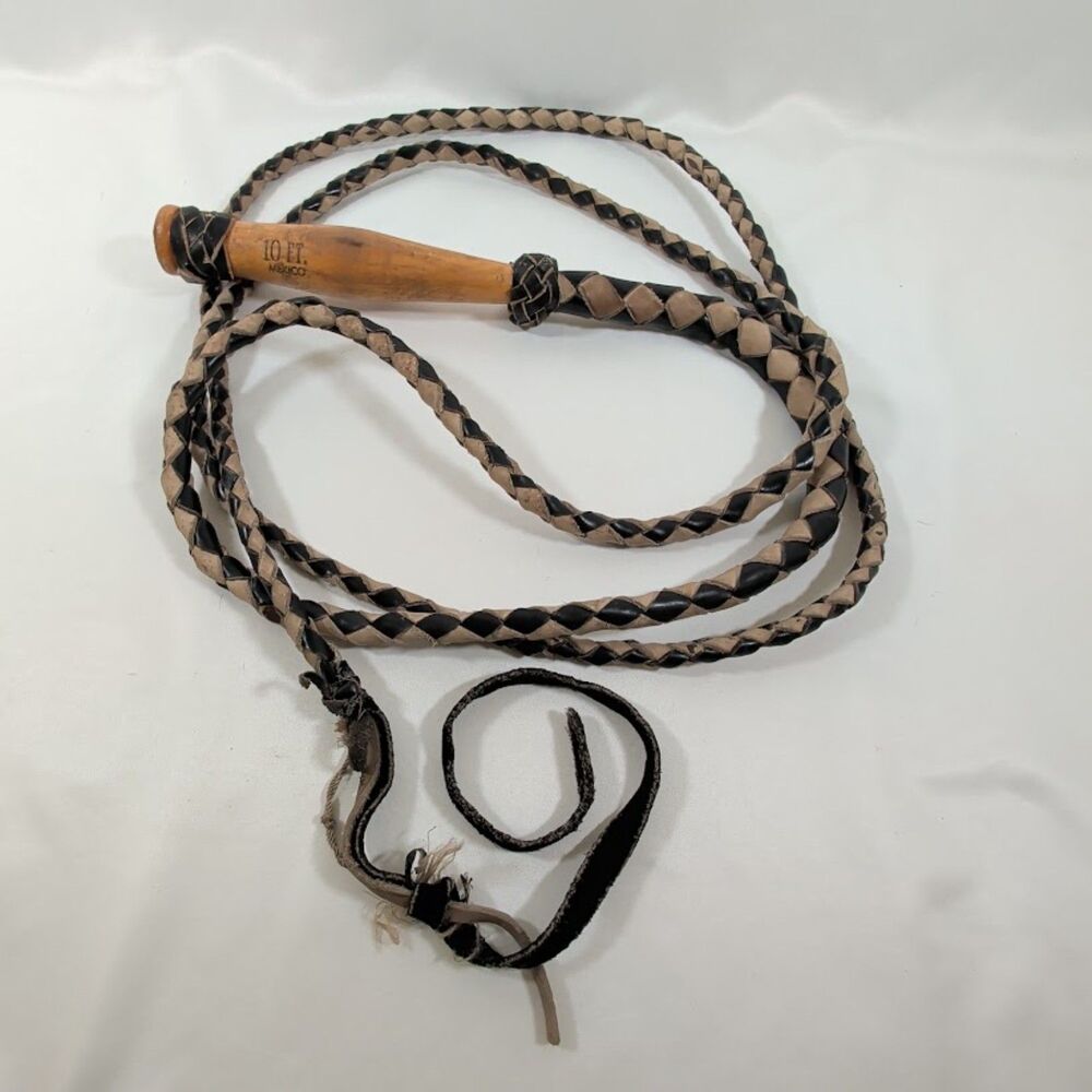 Vintage 10 Ft Braided Leather Bullwhip Whip Mexico Wood Handle Western Ranch